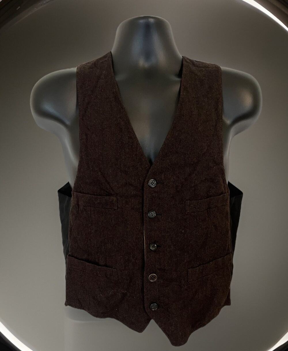 VTG 70s Reversible Wool Vest Tweed Herringbone 4-pocket Waistcoat Tan Brown S